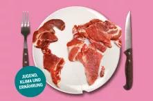 Cover: Fleischatlas 2021. Auf einem Teller liegen Fleischstücke, die Teile einer Weltkarte nachbilden
