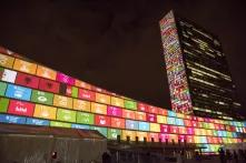 Ahead of the United Nations Sustainable Development Summit from 25-27 September, and to mark the 70th anniversary of the United Nations, a 10-minute film introducing the Sustainable Development Goals is projected onto the UN Headquarters, north façade of the Secretariat building, and west façade of the General Assembly building. The projection brings to life each of the 17 Goals, to raise awareness about the 2030 Agenda for Sustainable Development.