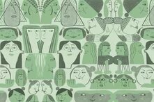Many stylized faces in green tones, some mirrored, with various hairstyles, glasses, and facial expressions.