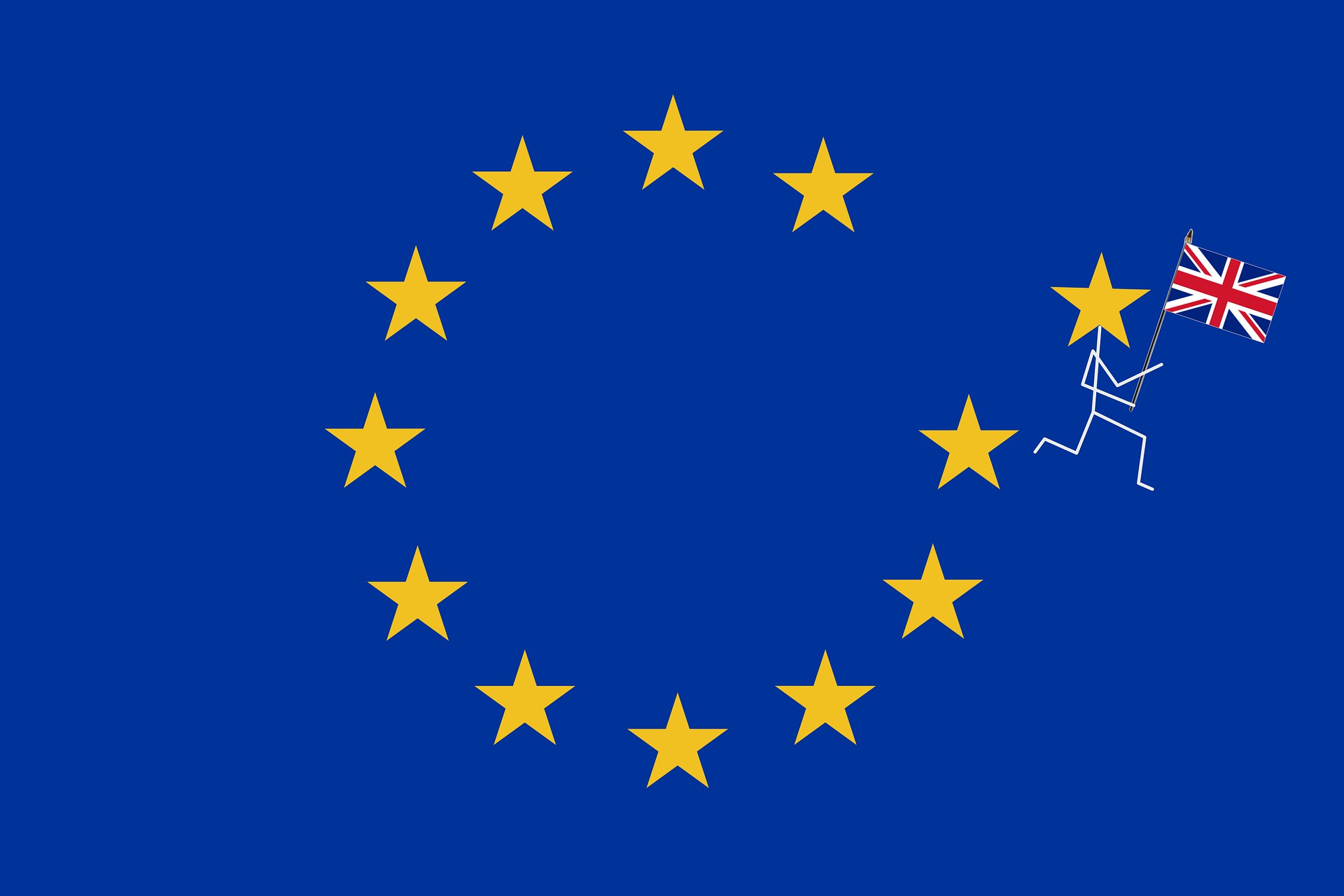 Aus 28 EU-Mitgliedern werden 27 EU-Flagge, ein Stern läuft weg und verlässt die EU