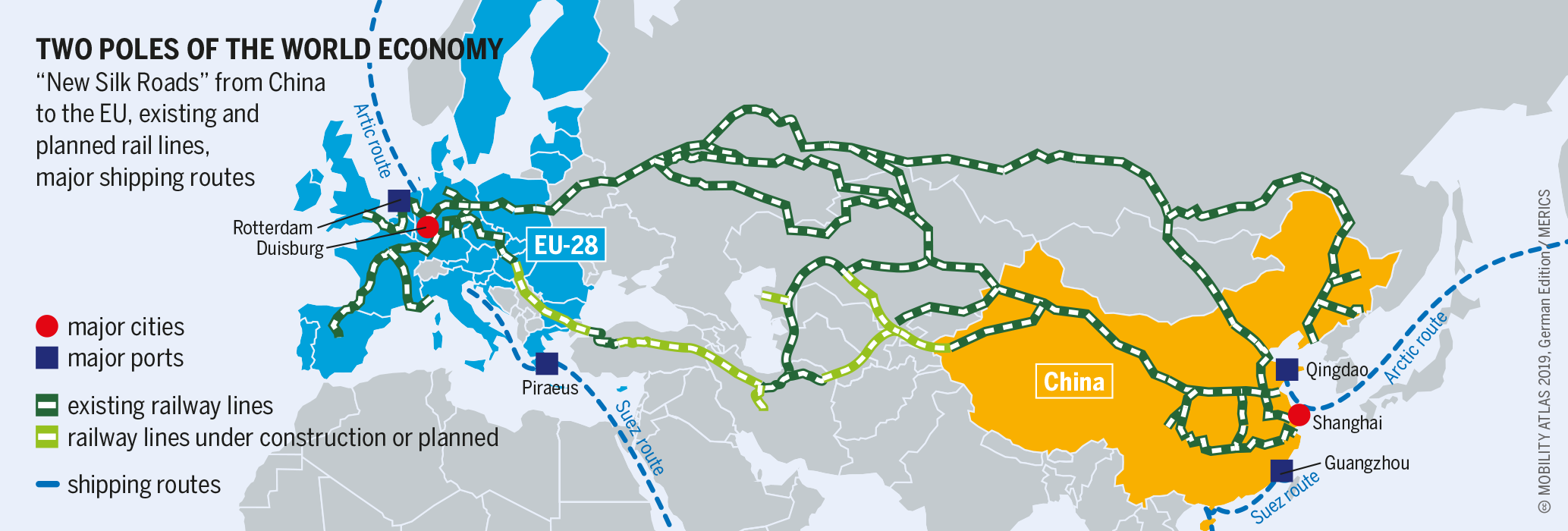 Graphic: "New silk routes" from china to the EU, existing and planned rail lines, major shipping routes