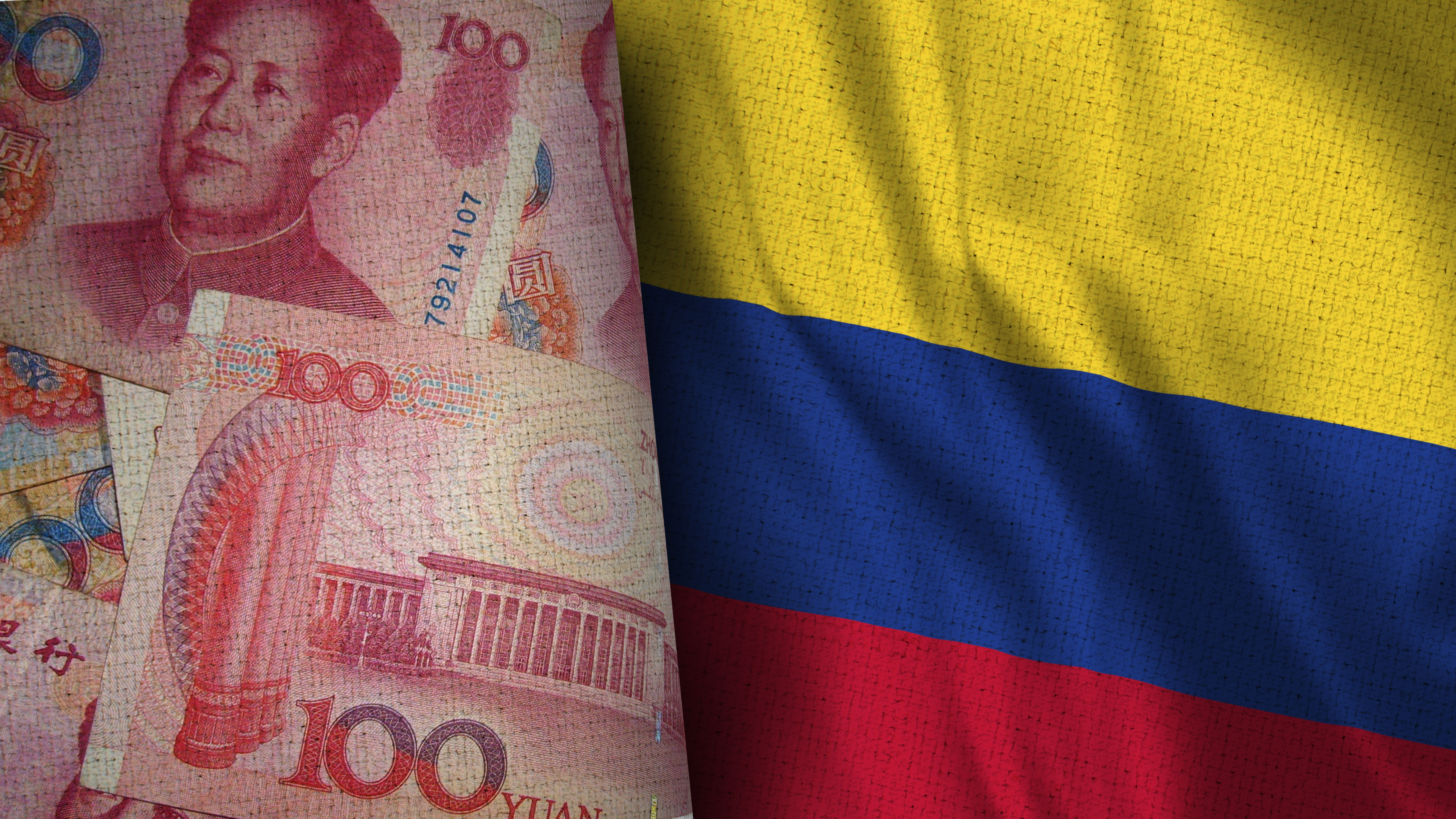 Yuan China Money and Colombia - 3D illustration Two Flag Together - Fabric Texture Yuan China Money and Colombia - 3D illustration Two Flag Together - Fabric Texture