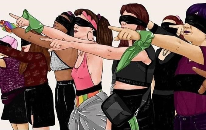 mujeres defendiendo derechos y libertades sin violencia contra ellas en el mundo Frauen mit schwarzen Augenbinden und ausgestreckten Armen