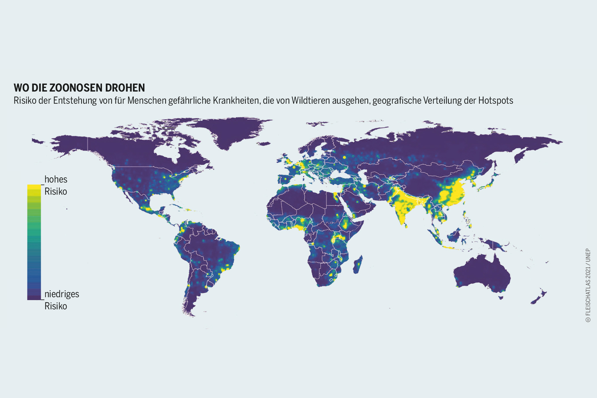 Fleischatlas Infografik: Wenn viele Menschen und viele Nutztiere auf Erreger stoßen, die von Wildtieren stammen, ist das Risiko eines infektiösen Krankheitsausbruchs hoch Fleischatlas Infografik: Risiko der Entstehung von für Menschen gefährliche Krankheiten, die von Wildtieren ausgehen