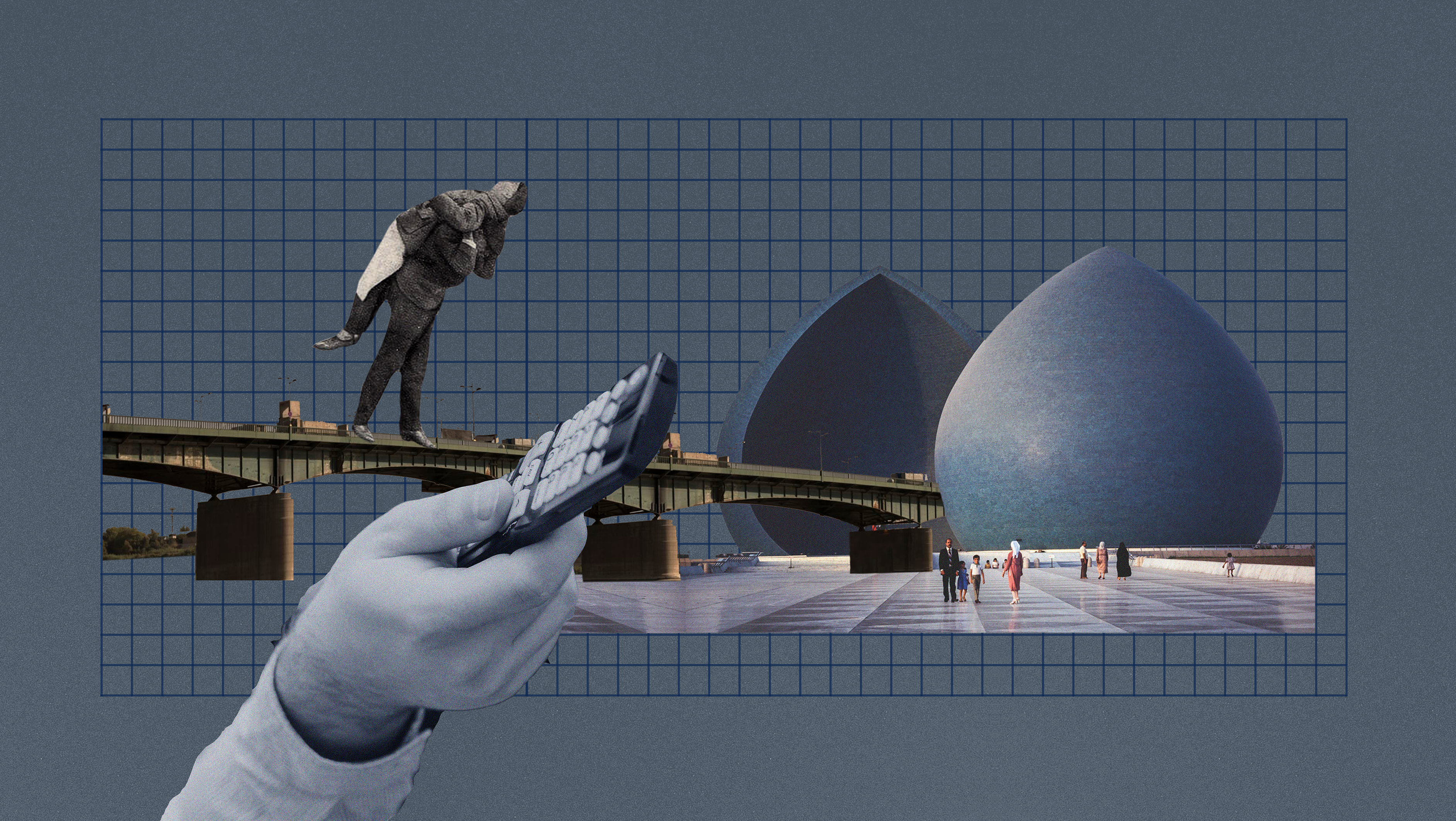 »Iraq« Collage: Brücke über die zwei Menschen laufen, der eine trägt den anderen. Im Vordergrund eine Hand, Fernbedienung haltend