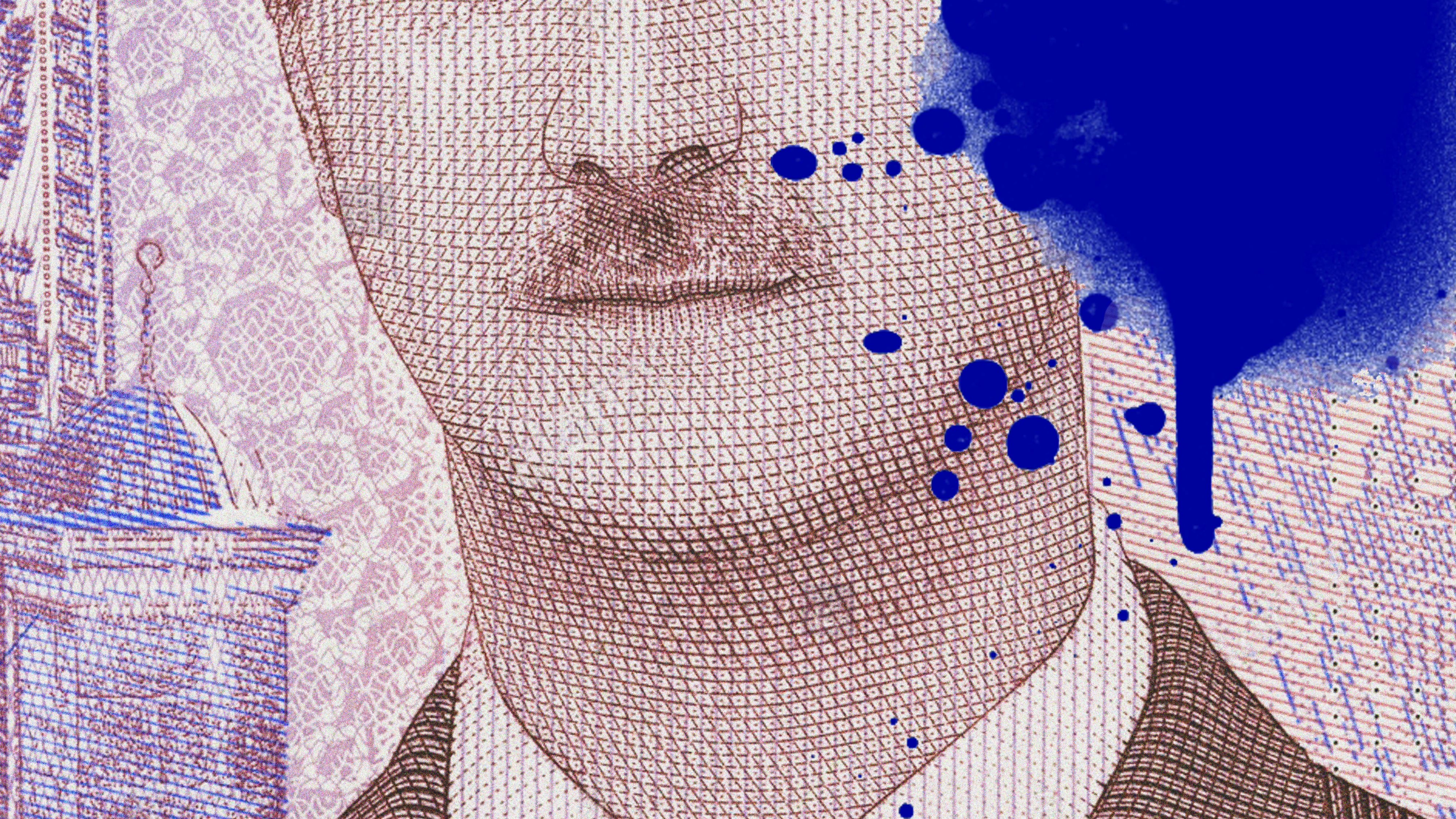 Syria - "Ten Years in a Parallel World" Graphic: Part of a Syrian banknote with ink stain