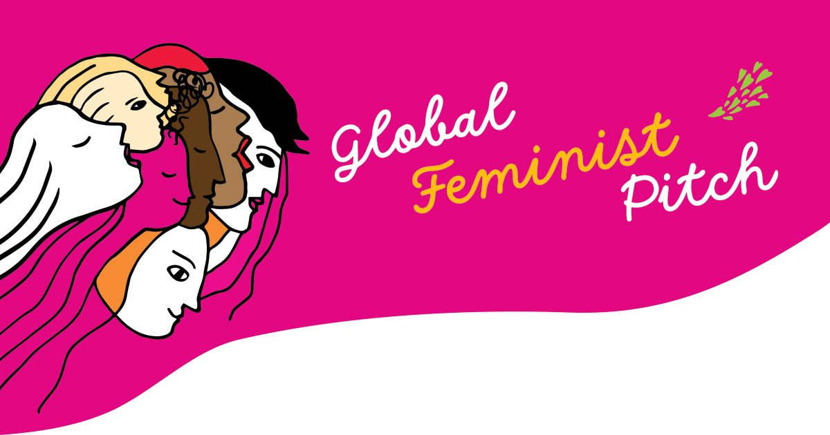 Illustration: Mehrere Köpfe auf pinkem Hintergrund mit dem Schriftzug "Global Feminist Pitch"