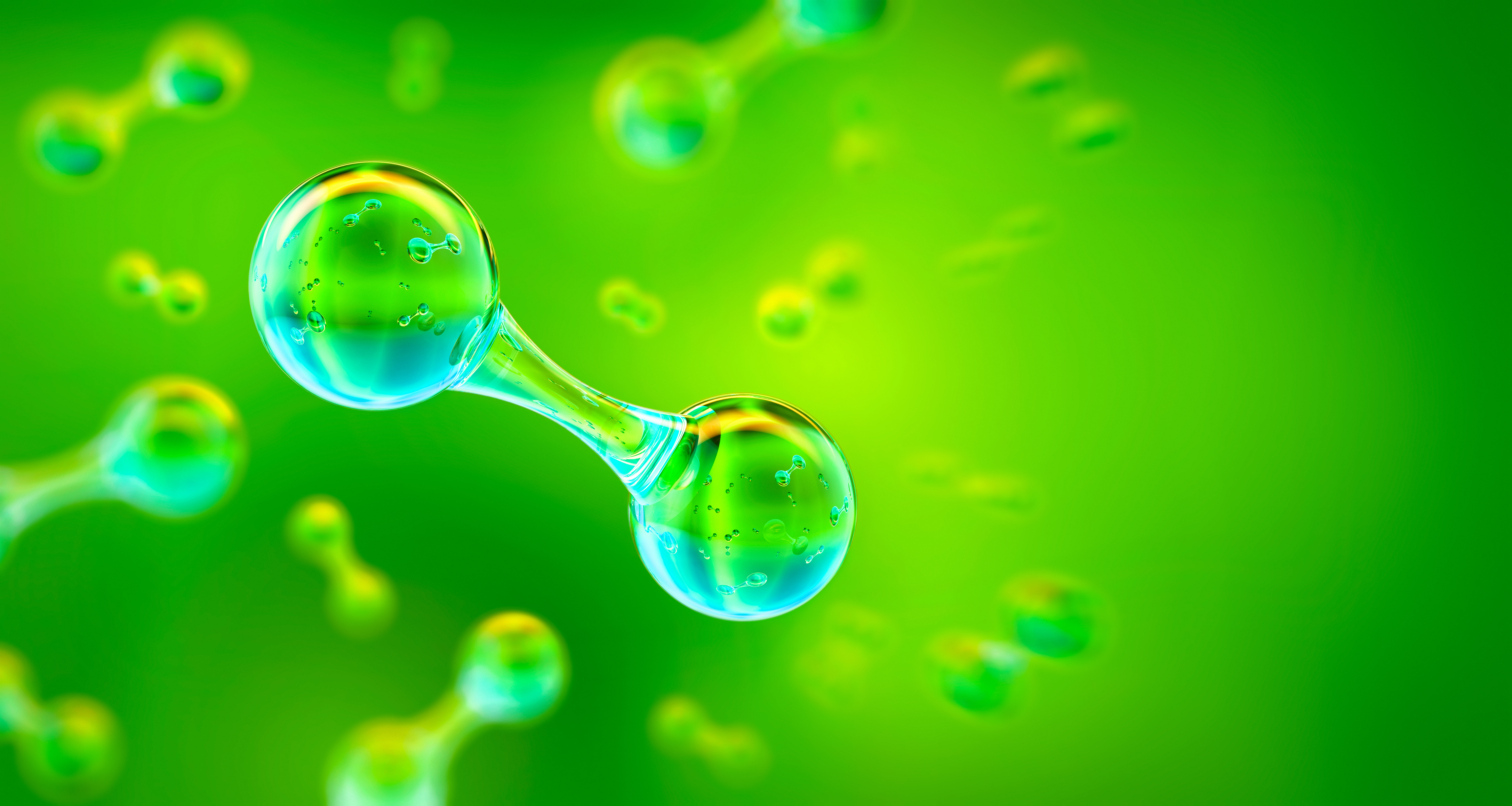 Grünes Wasserstoffgasmolekül H2. Erzeugung von grüner Wasserstoffenergie mit erneuerbarer Energie, nachhaltige alternative saubere Wasserstoff H2-Ökoenergie, der Brennstoff der künftigen Industrie, 3D-Hintergrund Grünes Wasserstoffgasmolekül H2. Erzeugung von grüner Wasserstoffenergie mit erneuerbarer Energie, nachhaltige alternative saubere Wasserstoff H2-Ökoenergie, der Brennstoff der künftigen Industrie, 3D-Hintergrund