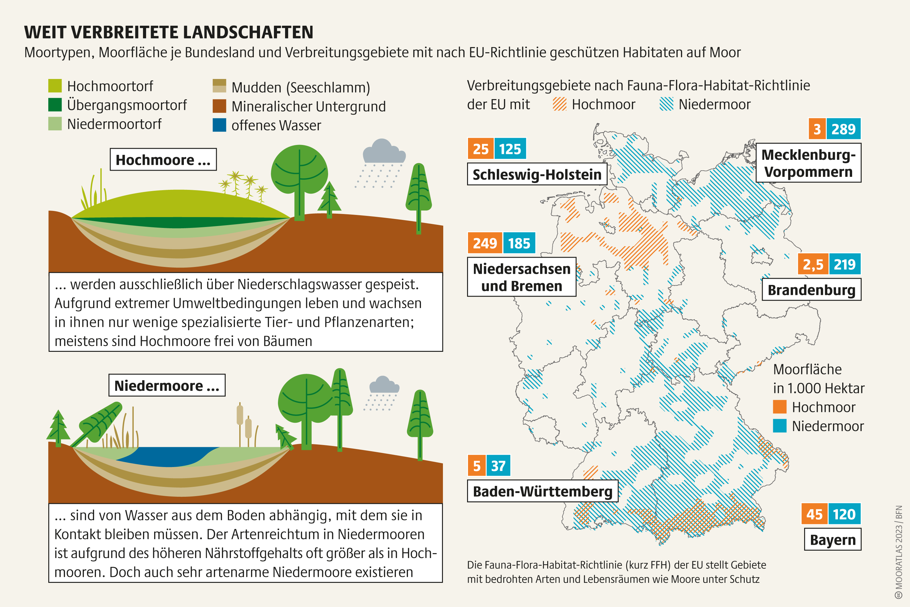 Infografik Mooratlas: Moortypen, Moorfläche je Bundesland und Verbreitungsgebiete mit nach EU-Richtlinie geschützen Habitaten auf Moor