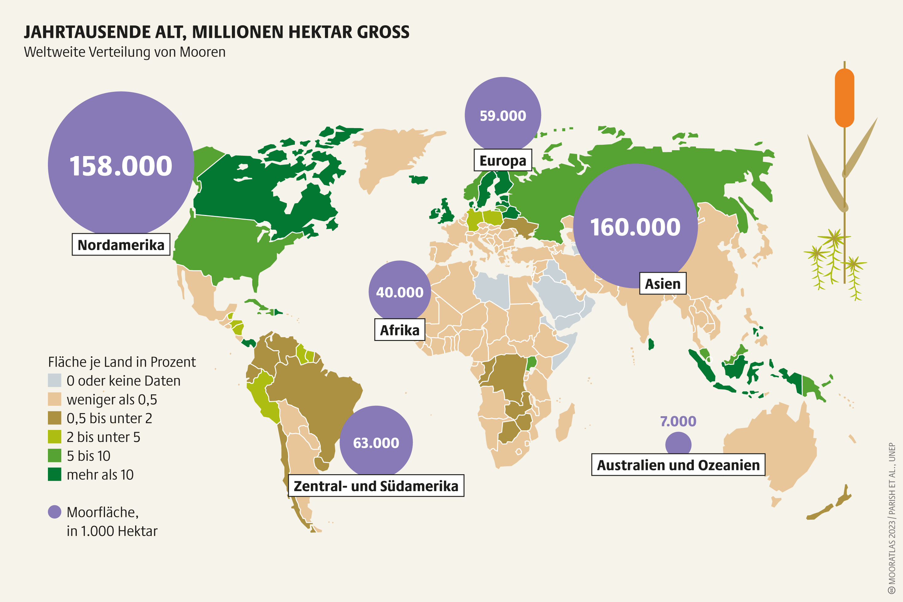 Moore sind Multitalente: Sie schützen Artenvielfalt und Klima und helfen bei Hochwasser und Dürre. Allerdings nur im intakten oder naturnahen Zustand Infografik Mooratlas: Weltweite Verteilung von Mooren