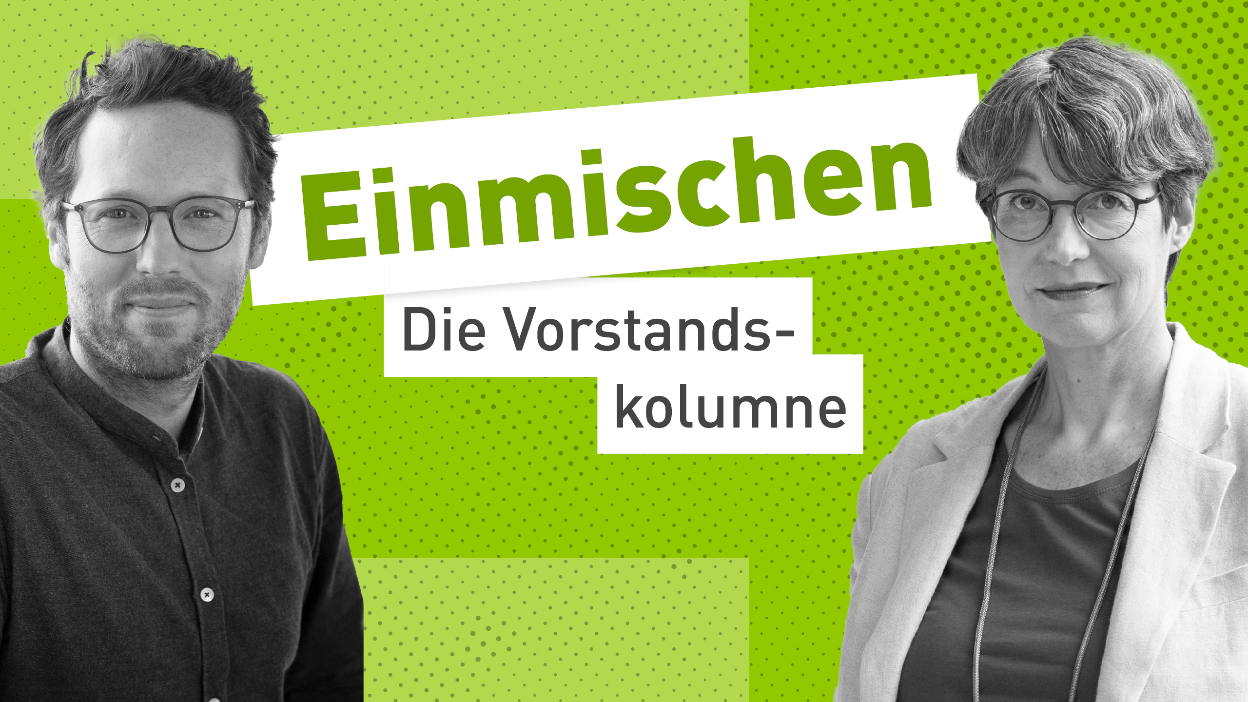 Der Vorstand der Heinrich-Böll-Stiftung Jan Philipp Albrecht und Imme Scholz auf grünem Hintergrund mit dem Schriftzug 