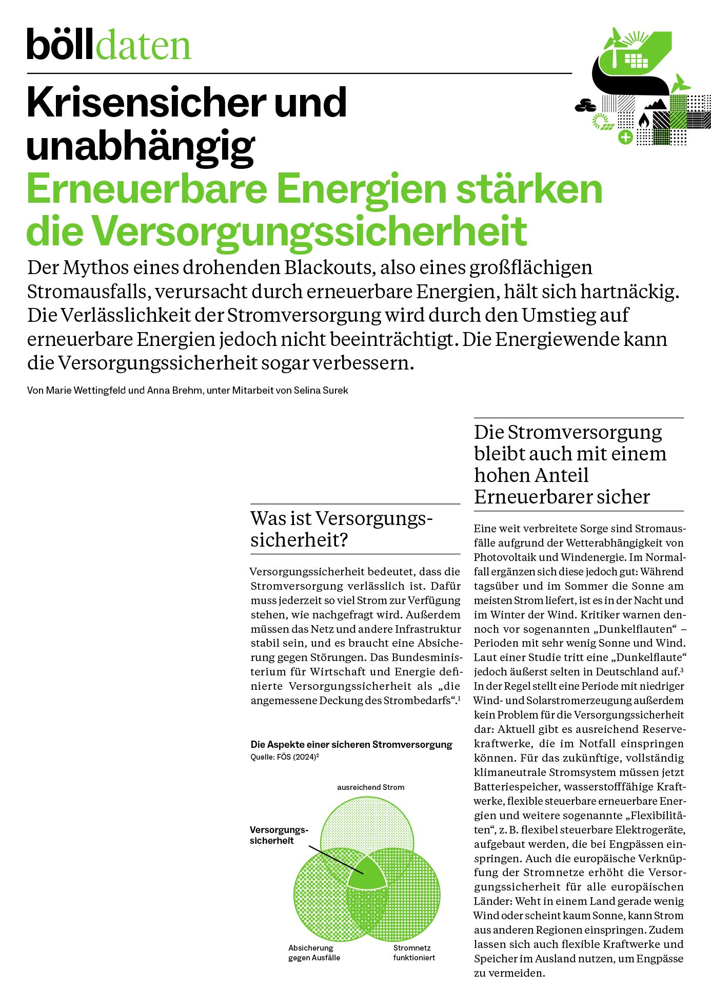 Infoblatt zur Versorgungssicherheit mit Definition, Diagramm zu Stromaspekten und Erklärung, warum erneuerbare Energien zuverlässig sind.