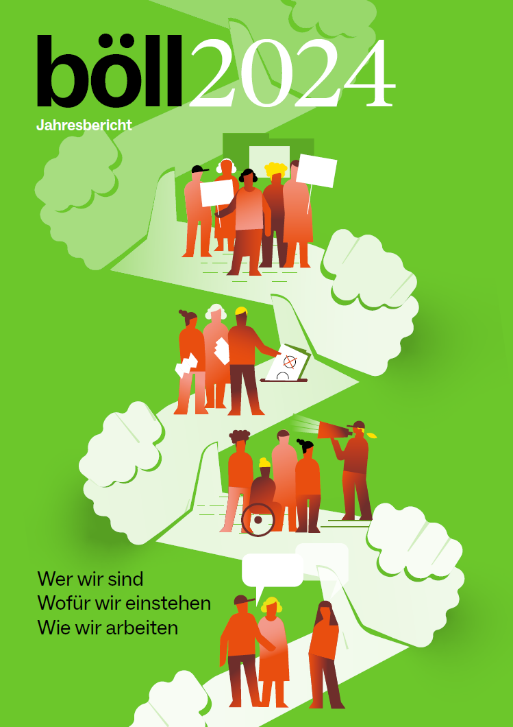 Illustration mit mehreren Menschengruppen auf einem weißen Band, das von grünen Händen gehalten wird. Text: „böll 2024 – Jahresbericht“.