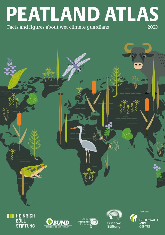 World map with illustrated animals and plants on peatlands, incl. bird, frog, dragonfly, cow, reeds, and leaves.
