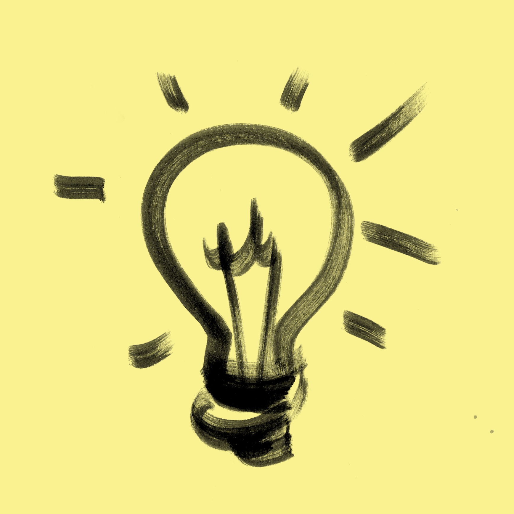 Schwarze Glühbirne grob gezeichnet, Striche rundherum symbolisieren Licht auf gelbem Hintergrund.