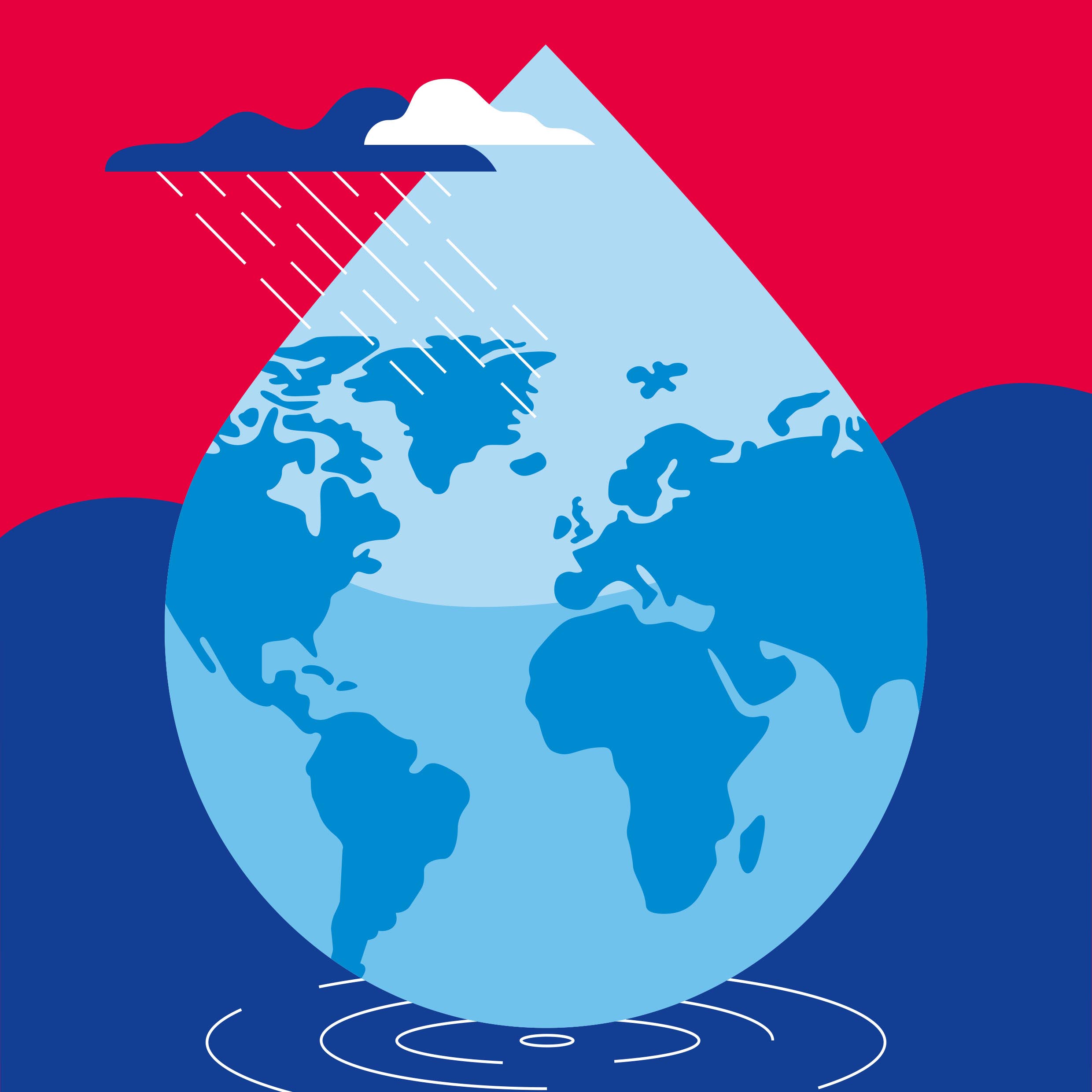 Wassertropfen mit Weltkarte, aus Regenwolke fallen Linienregen darüber, unten Kreise im Wasser, Hintergrund rot und blau.