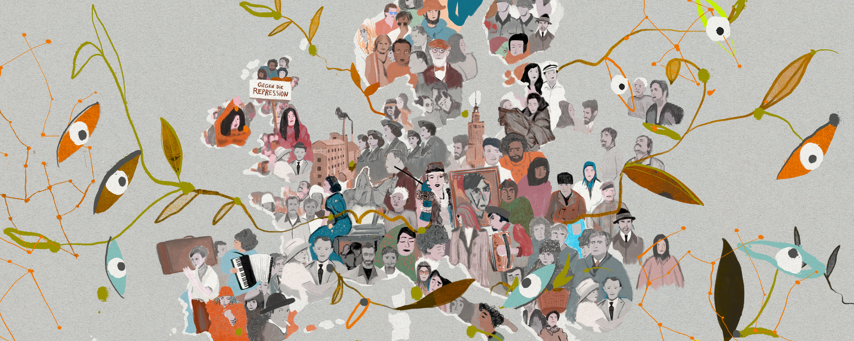 Das Bild zeigt eine vielschichtige Collage aus Menschen unterschiedlicher Zeiten, Kulturen und Lebenswelten, verbunden durch Ranken mit Augen, Sternbilder und Szenen von Protest, Kunst und Gemeinschaft.