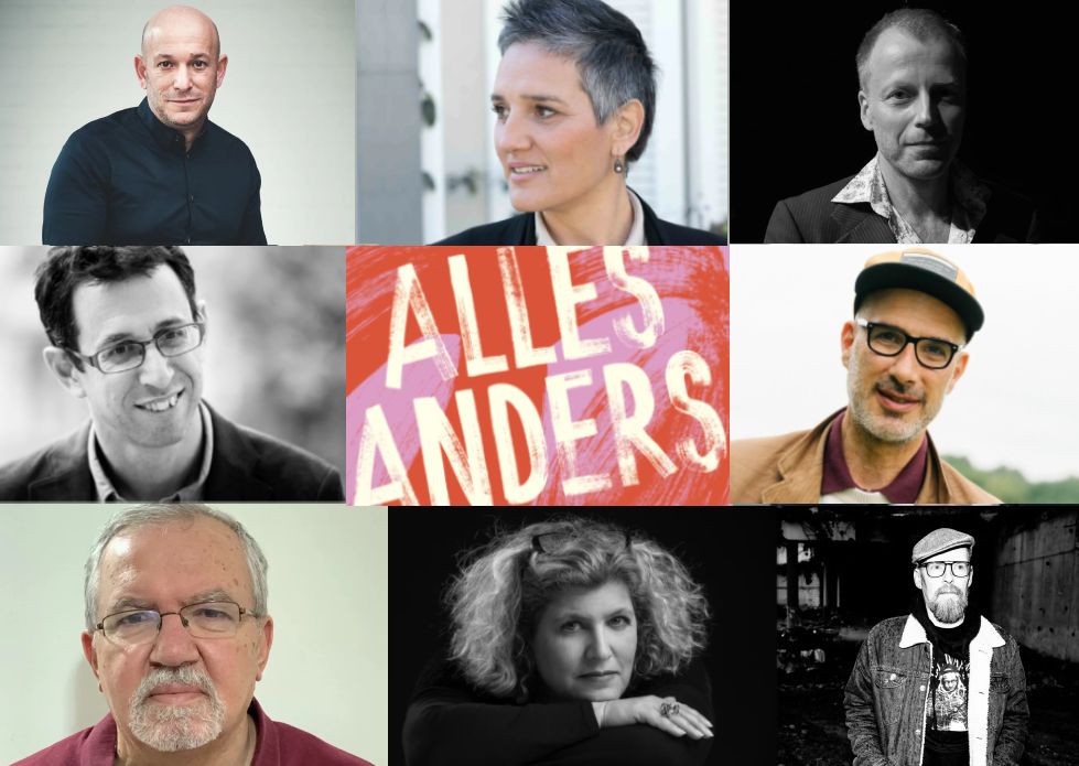 Collage: Neun Porträtfotos von Autor*innen rund um ein zentrales Banner mit Text „Alles anders – Deutsch-Israelische Literaturtage 19. & 22. Juni 2025“.