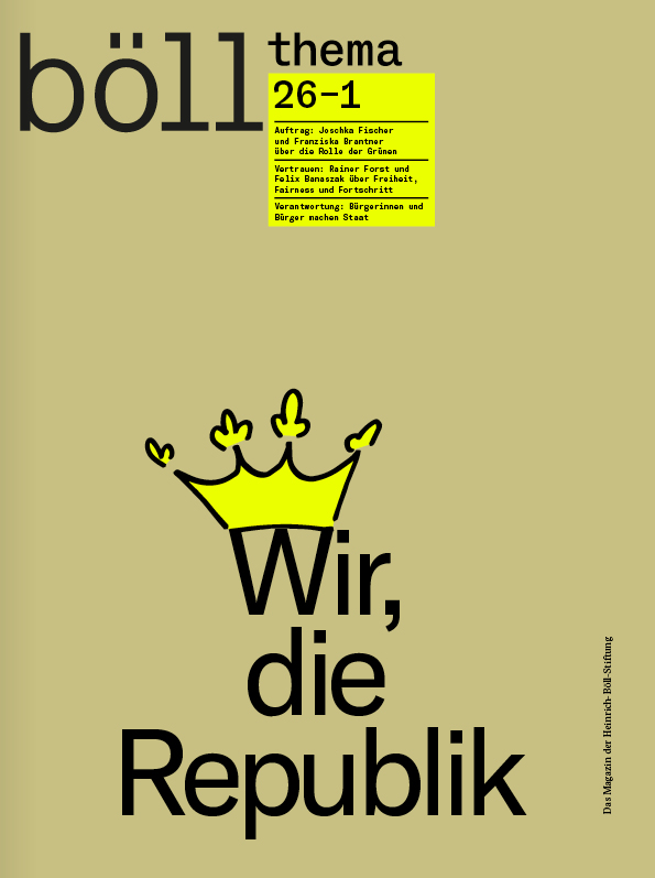 Böll.Thema 1/26 Wir, die Republik: Cover mit Hintergrund / goldene Krone auf dem Magazin-Titel 