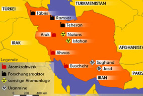 Map with the most important locations of the Iranian nuclear politics