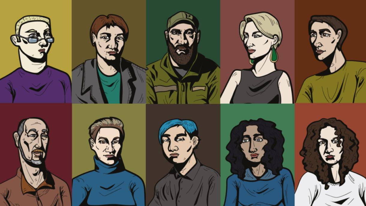 Collage: Zehn stilisierte Porträts vor farbigen Hintergründen, Personen mit unterschiedlichen Frisuren, Gesichtsausdrücken und Oberteilen.