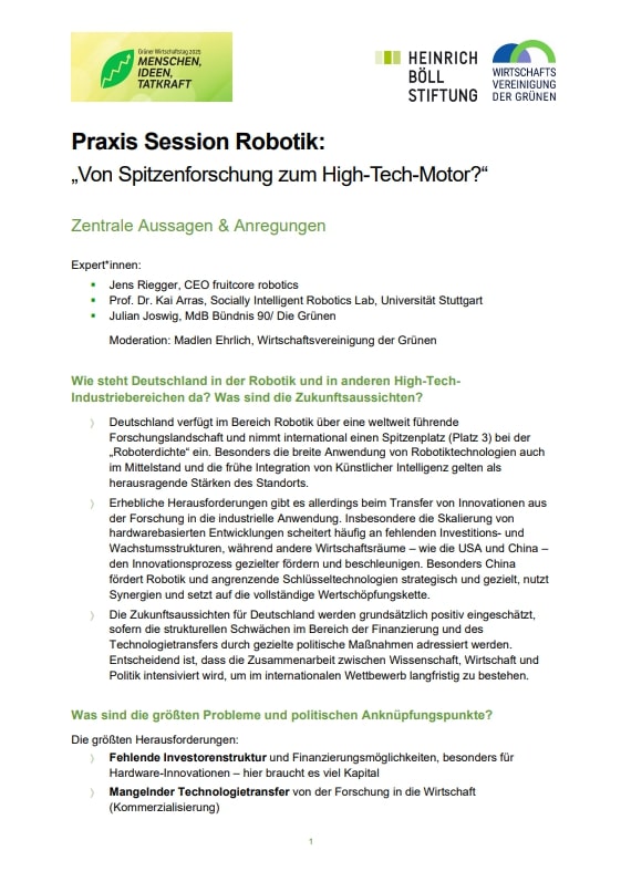 Textseite mit dem Titel: „Praxis Session Robotik: Von Spitzenforschung zum High-Tech-Motor?“, zentrale Aussagen und Anregungen folgen in Stichpunkten.