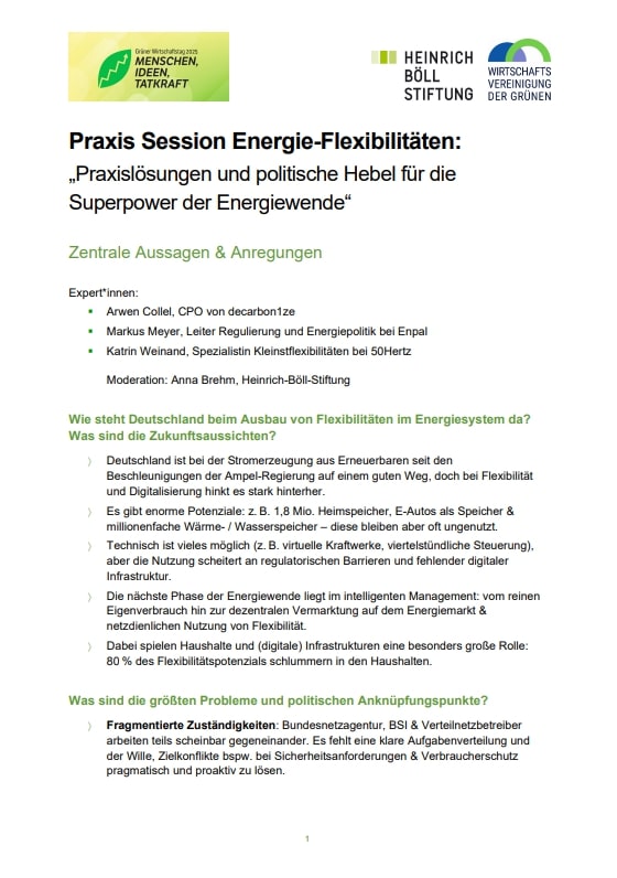 Textseite mit dem Titel: „Praxis Session Energie-Flexibilitäten: Praxislösungen und politische Hebel für die Superpower der Energiewende“, zentrale Aussagen und Anregungen folgen in Stichpunkten.