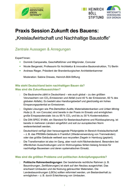 Textseite mit dem Titel: „Praxis Session Zukunft des Bauens:  Kreislaufwirtschaft und Nachhaltige Baustoffe“, zentrale Aussagen und Anregungen folgen in Stichpunkten.