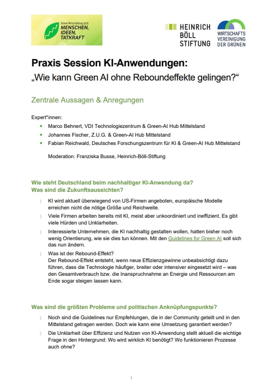Textseite mit dem Titel: „Praxis Session KI-Anwendungen:  Wie kann Green AI ohne Reboundeffekte gelingen?“, zentrale Aussagen und Anregungen folgen in Stichpunkten.