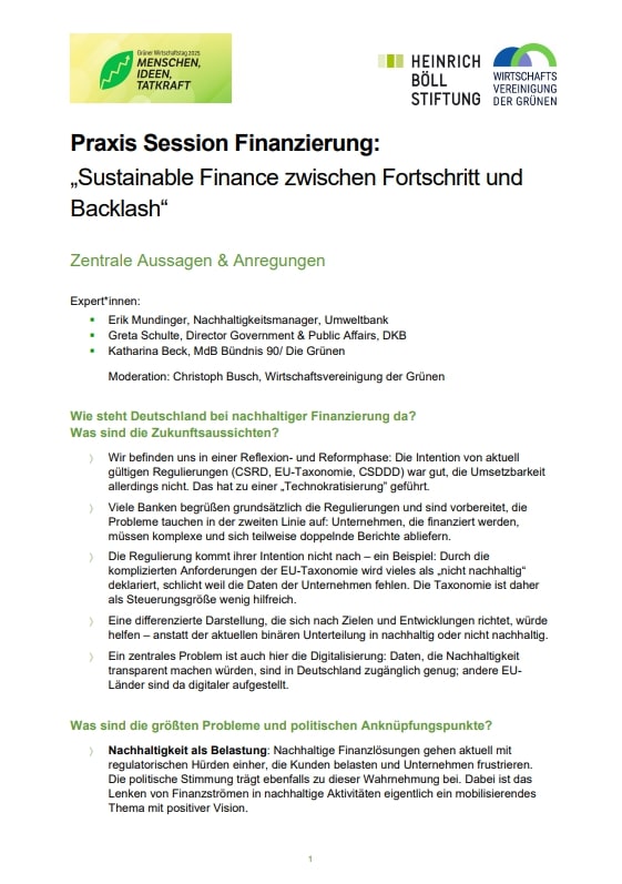 Textseite mit dem Titel: „Praxis Session Finanzierung: Sustainable Finance zwischen Fortschritt und  Backlash“, zentrale Aussagen und Anregungen folgen in Stichpunkten.