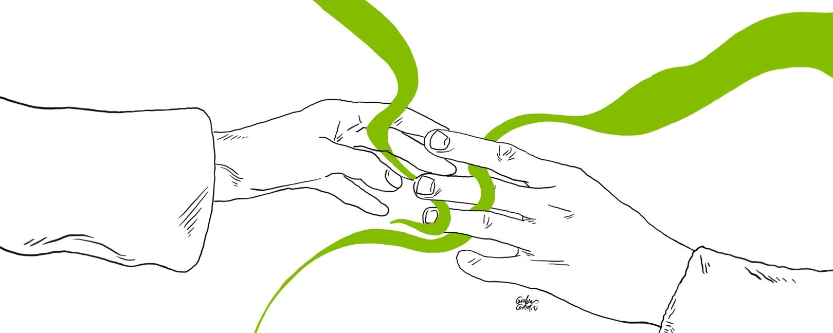 Zwei Hände berühren sich an den Fingerspitzen, grüne Wellenlinien winden sich um die Finger.