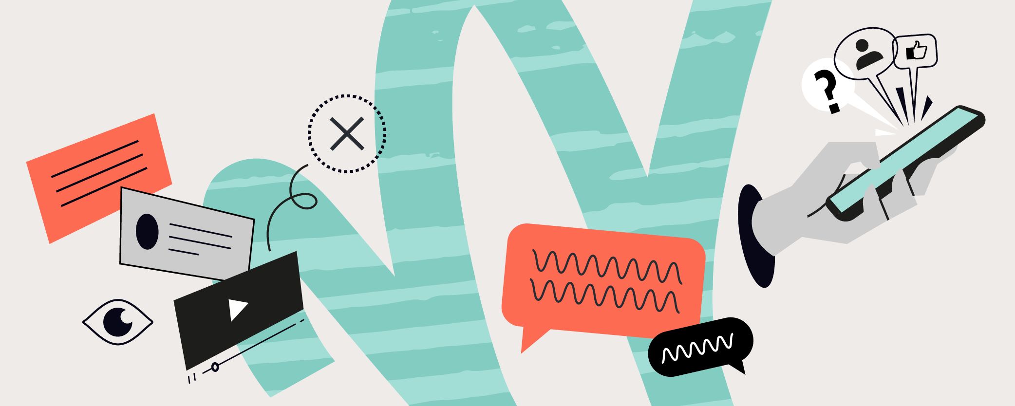 Illustration mit Hand am Smartphone, Sprechblasen, Symbolen für Video, Auge, Like, Fragezeichen und durchgestrichenem Kreis.