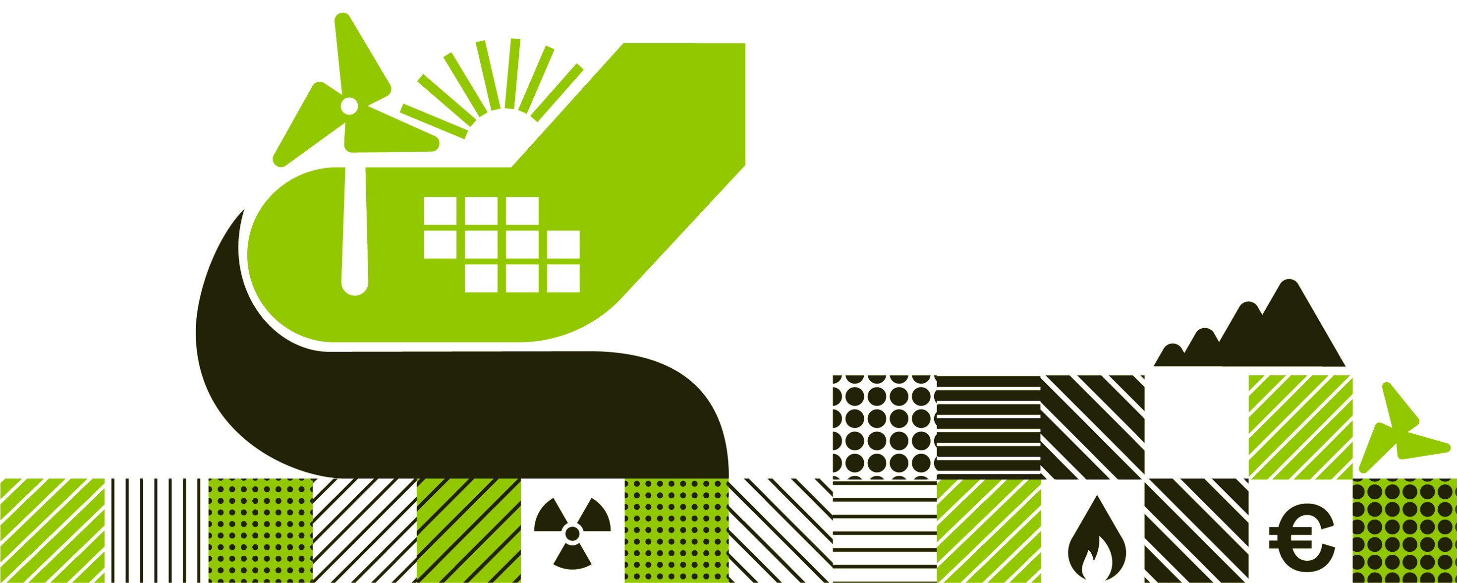 Grafik mit Windrad, Sonne und Solarpanel links; rechts Bergsymbol, Energiesymbole und Eurozeichen in grün-schwarzem Raster.