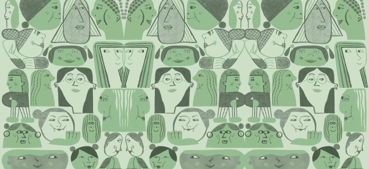 Many stylized faces in green tones, some mirrored, with various hairstyles, glasses, and facial expressions.