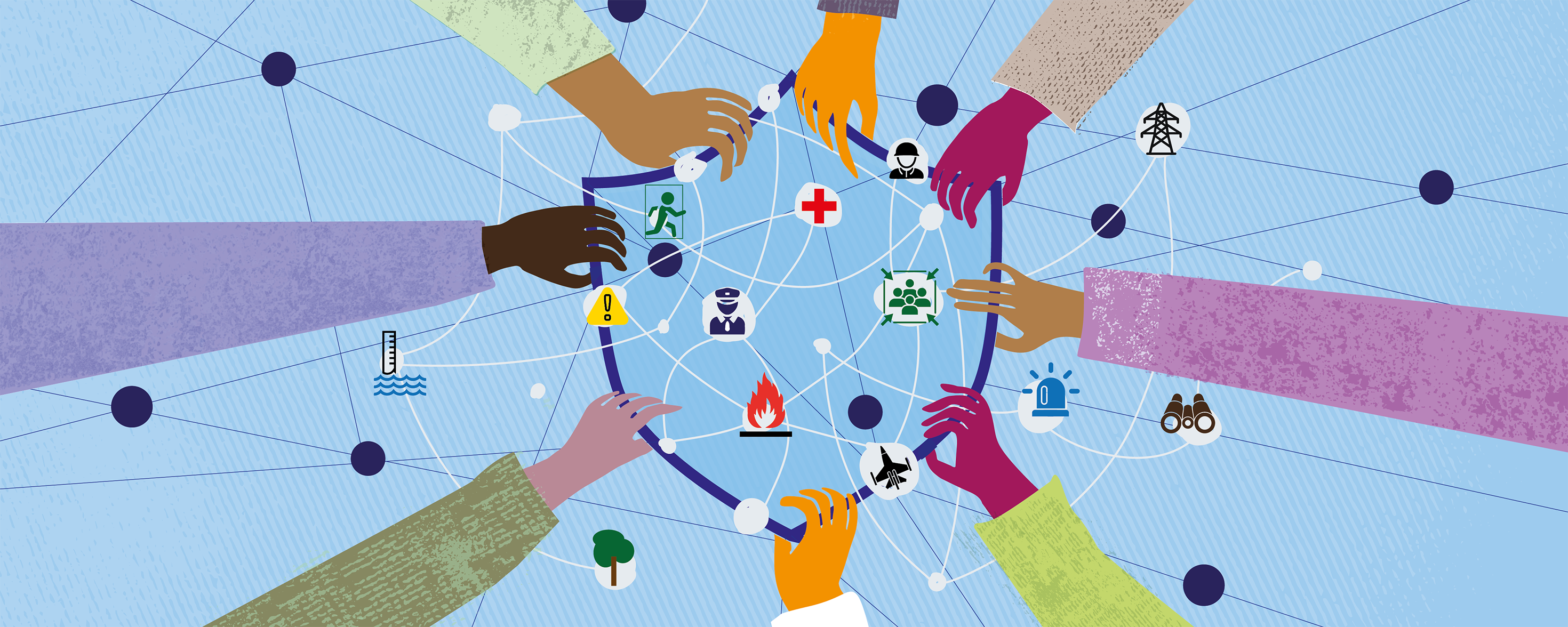 Mehrere unterschiedlich farbige Hände halten ein Netzwerk mit Symbolen zu Notfällen, Gesundheit, Flucht, Umwelt und Sicherheit.