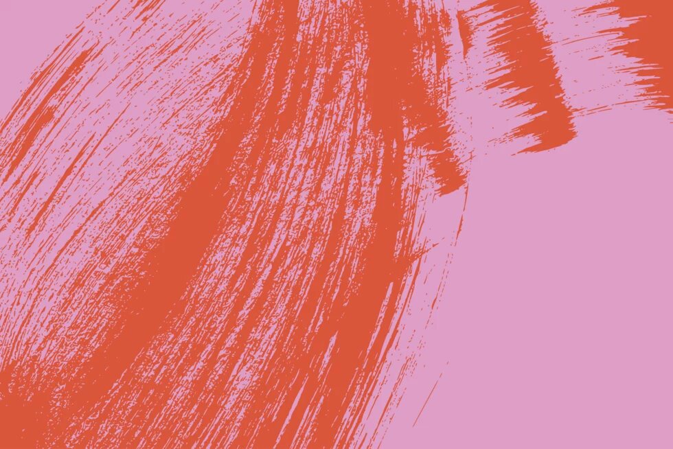 Breite, geschwungene Pinselstriche in Rot auf rosa Hintergrund, teils quer und überlappend verlaufend.