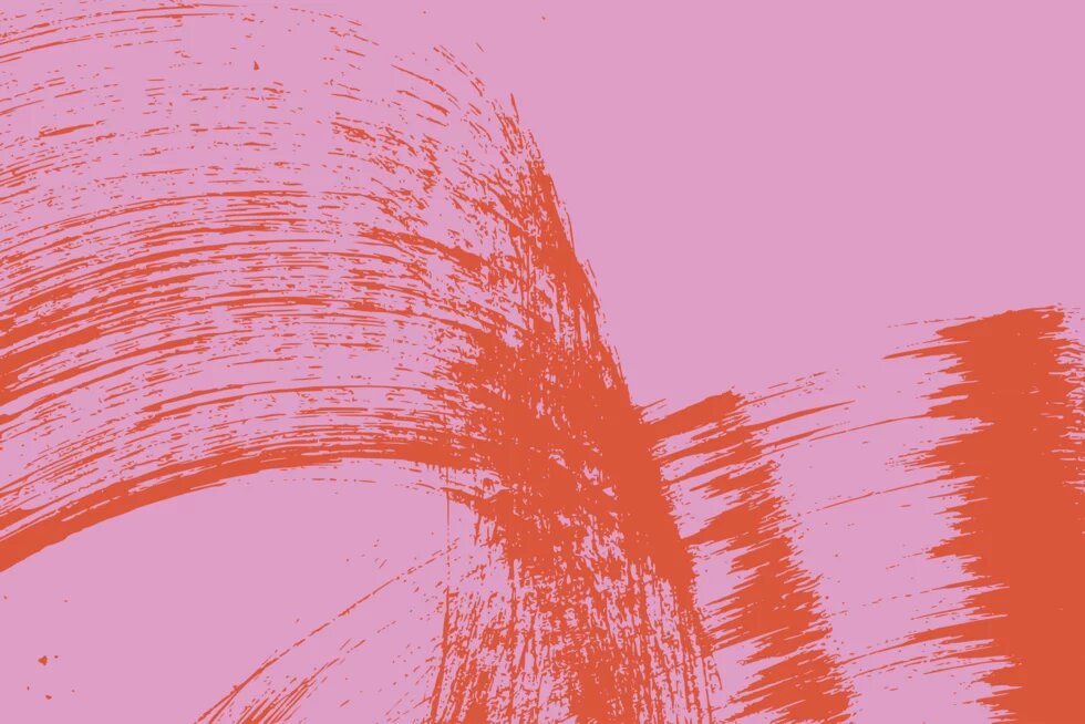 Breite, geschwungene Pinselstriche in Rot auf rosa Hintergrund, teils quer und überlappend verlaufend.