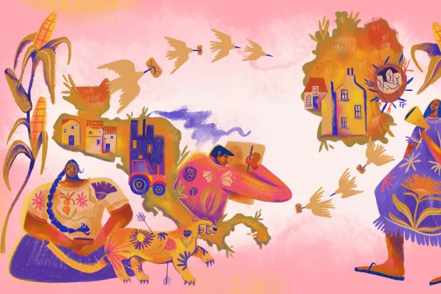 Zentralamerikanische Kunst gezeichnet vor einem pinken Hintergrund