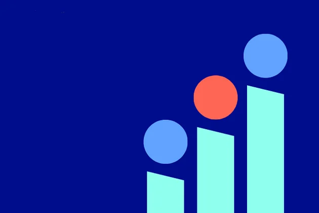 Abstrakte Grafik auf blauem Hintergrund mit drei ansteigenden Balken und drei farbigen Kreisen, die Wachstum darstellen.