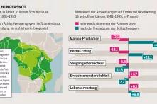 Grafik: Maniok-Anbauﬂächen in Afrika, in denen Schmierläuse die Ernte bedrohten, 1981–1993