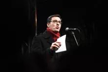 Gergely Karacsony speaking at a protest at the first time since he was elected to be Lord Mayor of Budapest