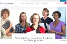 Menschen mit Unterlagen in der Hand. Überschrift: "Weiterbildung: finanzielles Stiefkind der Bildungspolitik"