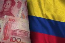 Yuan China Money and Colombia - 3D illustration Two Flag Together - Fabric Texture