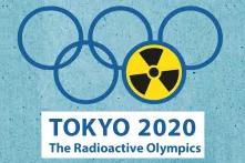 Plakat mit Olympischen Ringen, ein Ring ist mit Zeichen für radioaktive Strahlung gefüllt. Untertitel: Tokio 2020 The Radioactive Olympics