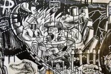 Detail from Jose Ardivilla's MFA Thesis exhibition of magnification of political cartoons to situate the current problems of the Philippines