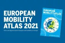 Text: European Mobility Atlas 2021 on a blue background