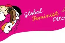 Illustration: Mehrere Köpfe auf pinkem Hintergrund mit dem Schriftzug "Global Feminist Pitch"