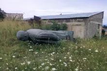 Eine Stalin-Statue liegt mit dem Gesicht nach unten auf einer Wiese