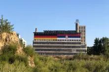 The BIGZ building in Belgrade decorated with the German and Serbian flags on the occasion of the Chancellor's Visit