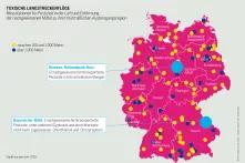 Messstationen für Pestizide in der Luft und Entfernung der nachgewiesenen Mittel zu ihrer mutmaßlichen Ausbringungsregion